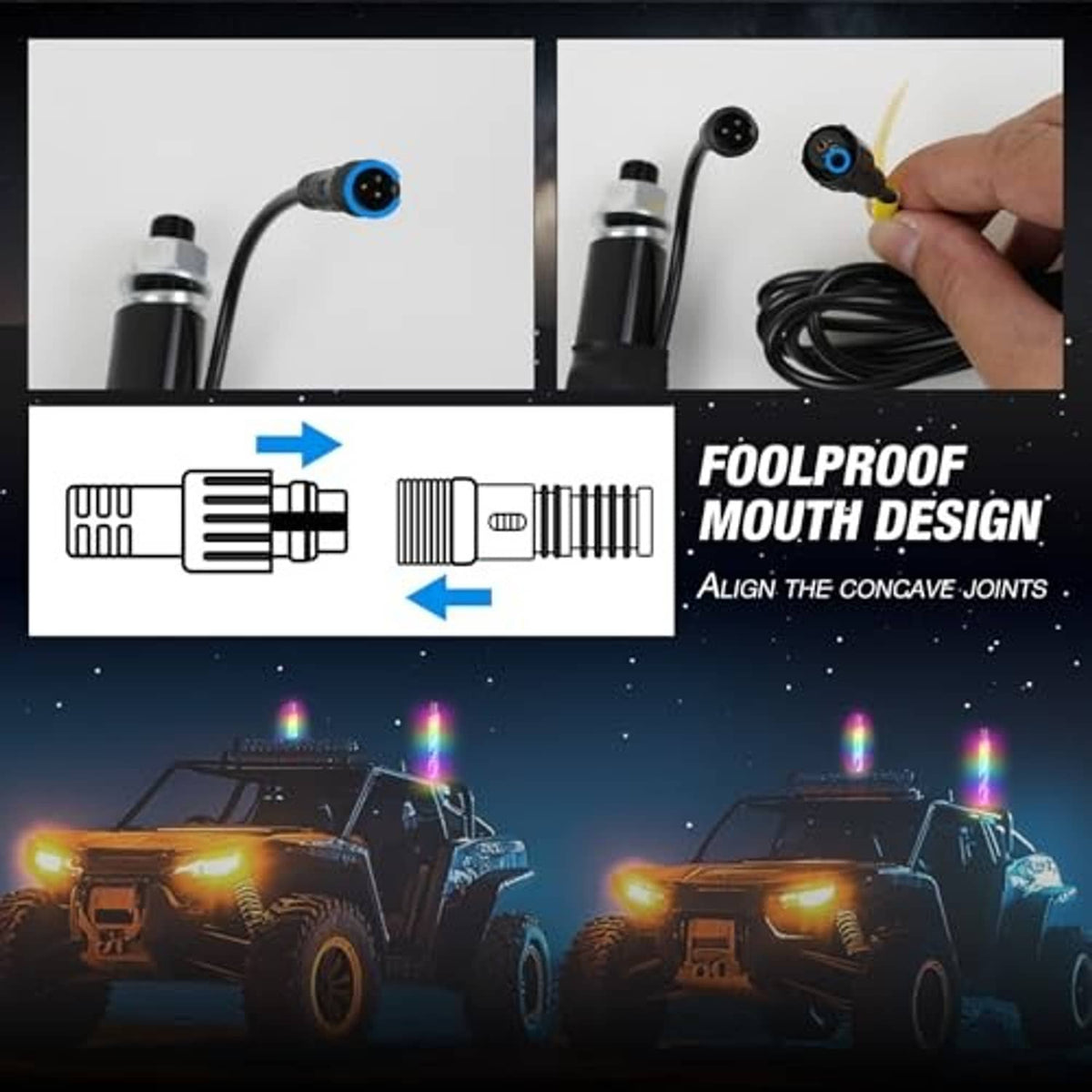 Two spiral LED whip lights with black connector ends and cable, close-up setup