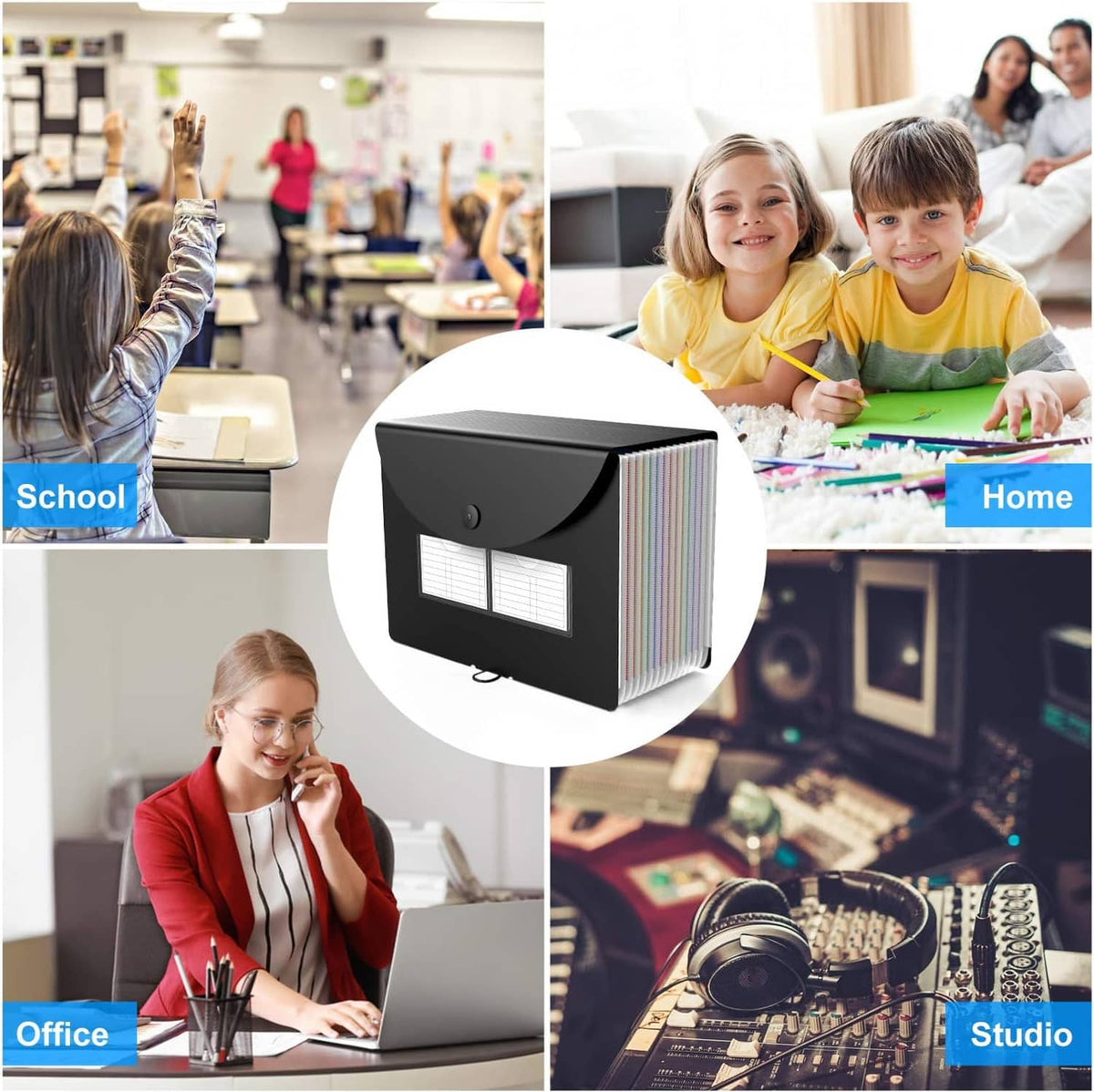 Black accordion desktop file folder with multicolor pockets and label windows