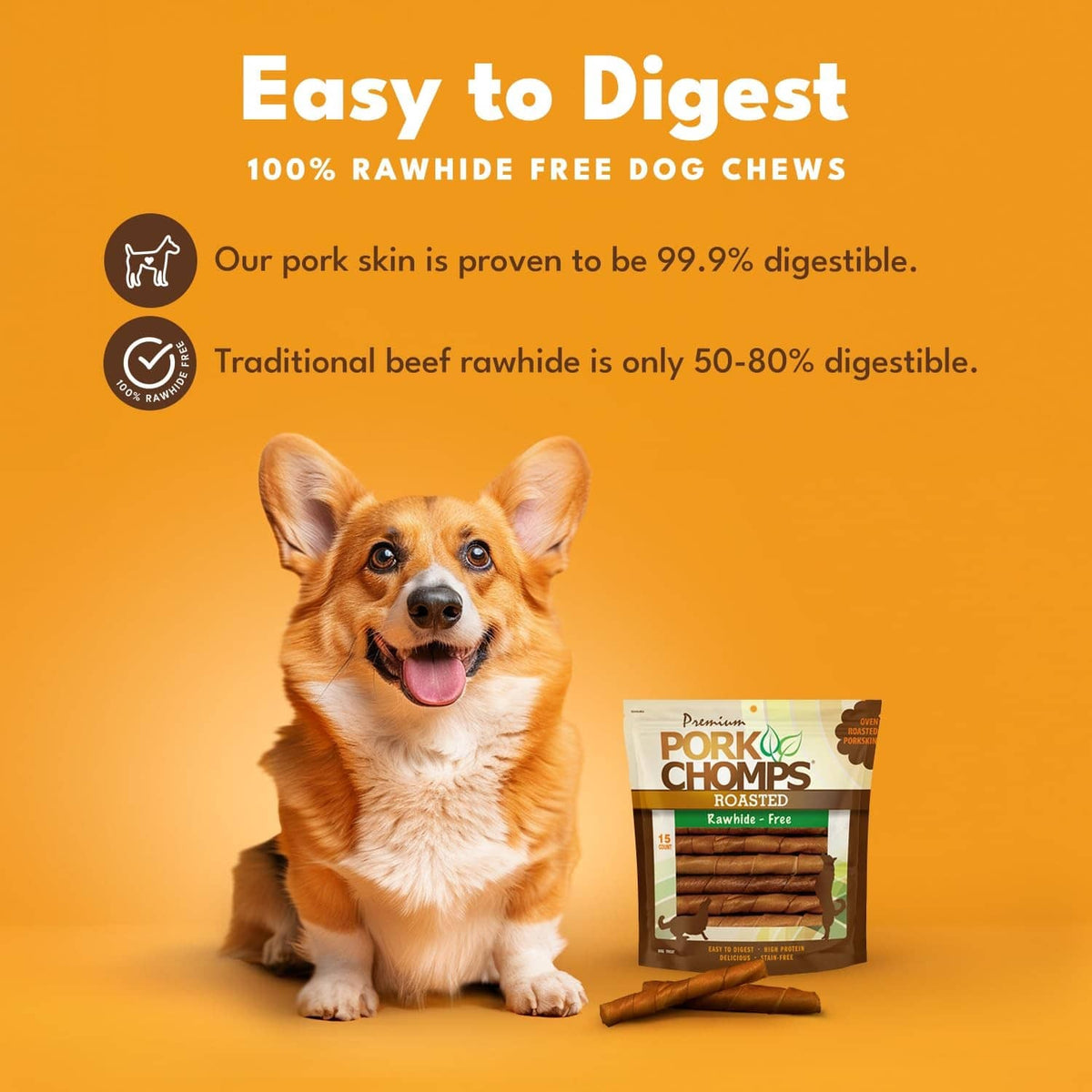Roasted pork skin rawhide-free dog chews with dog on package front