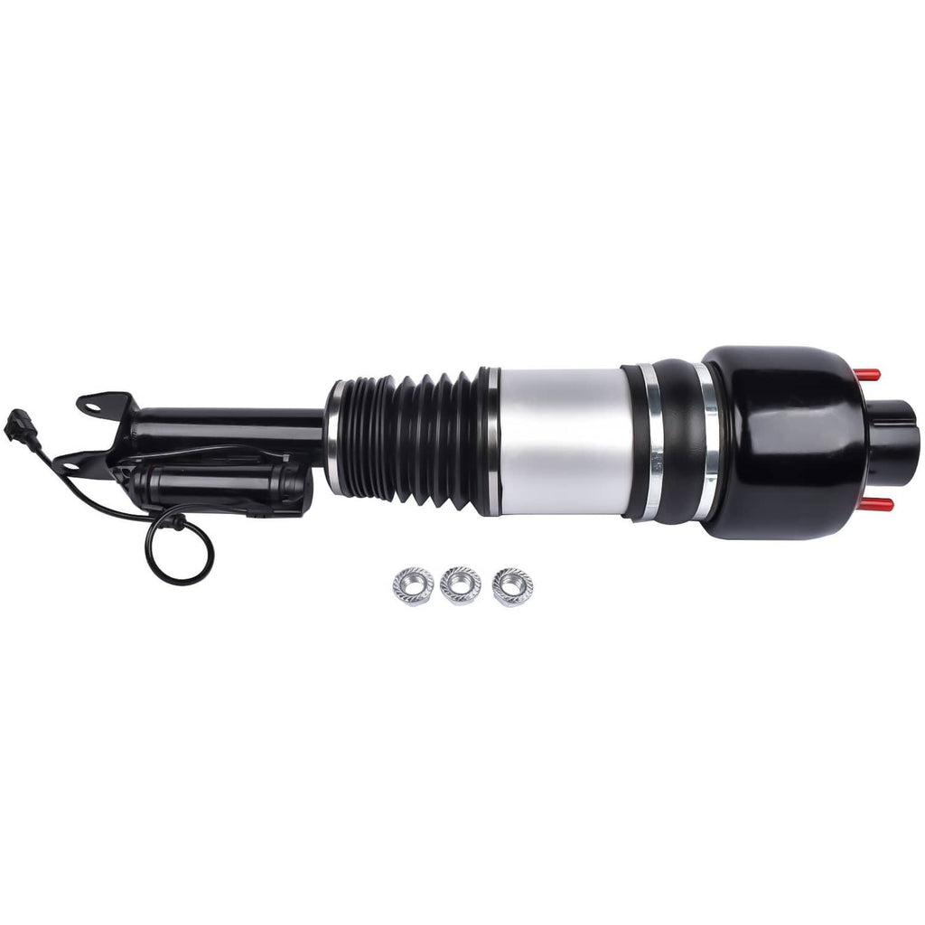Front left air suspension strut side view with black shock housing, silver cylinder, coil sleeve