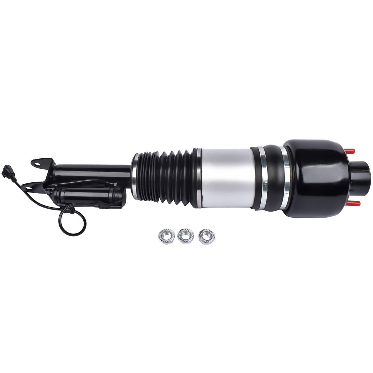 Front left air suspension strut side view with black shock housing, silver cylinder, coil sleeve