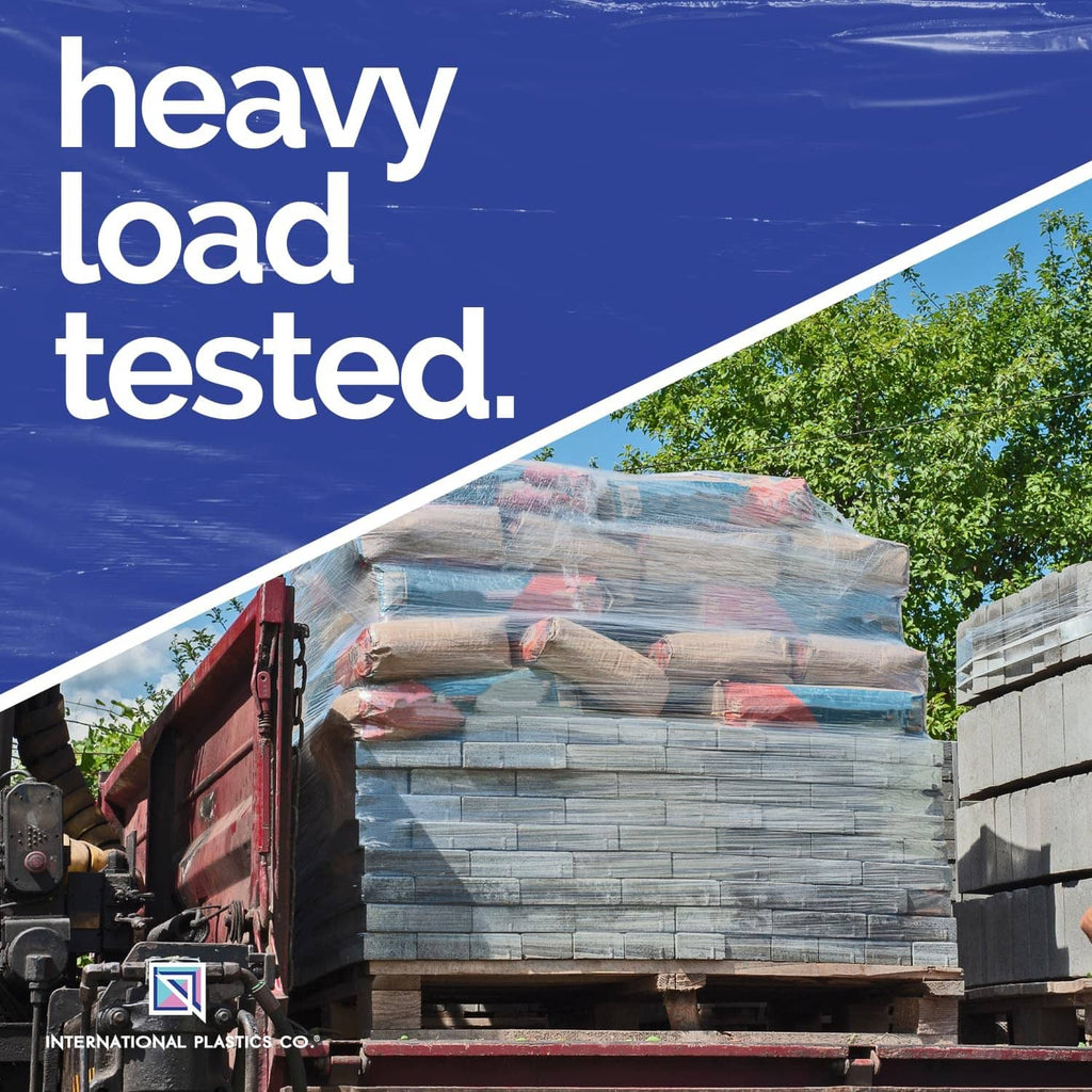 Clear plastic stretch film wrapped pallet load on a forklift