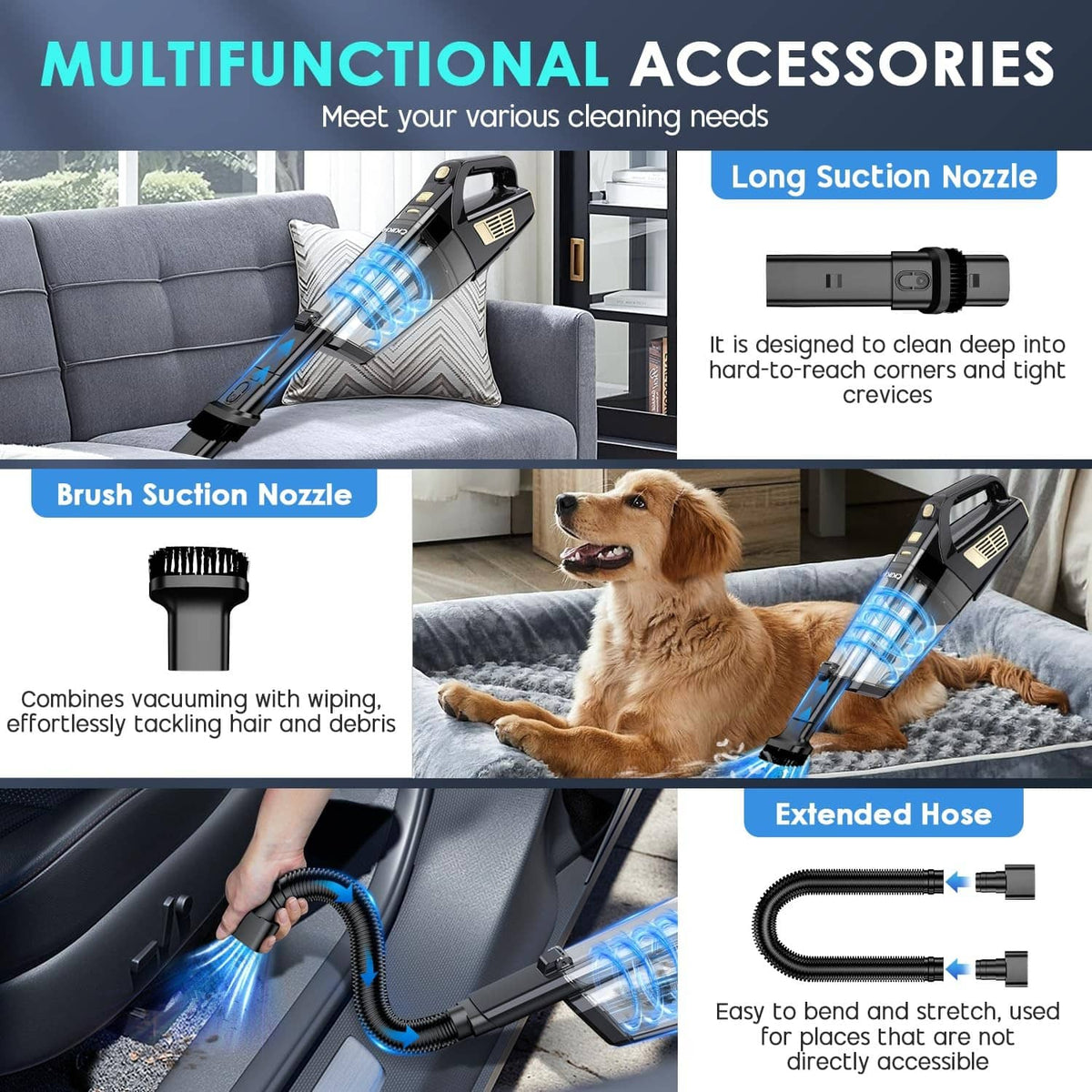 Black cordless handheld vacuum with long suction nozzle, brush nozzle, and extended hose