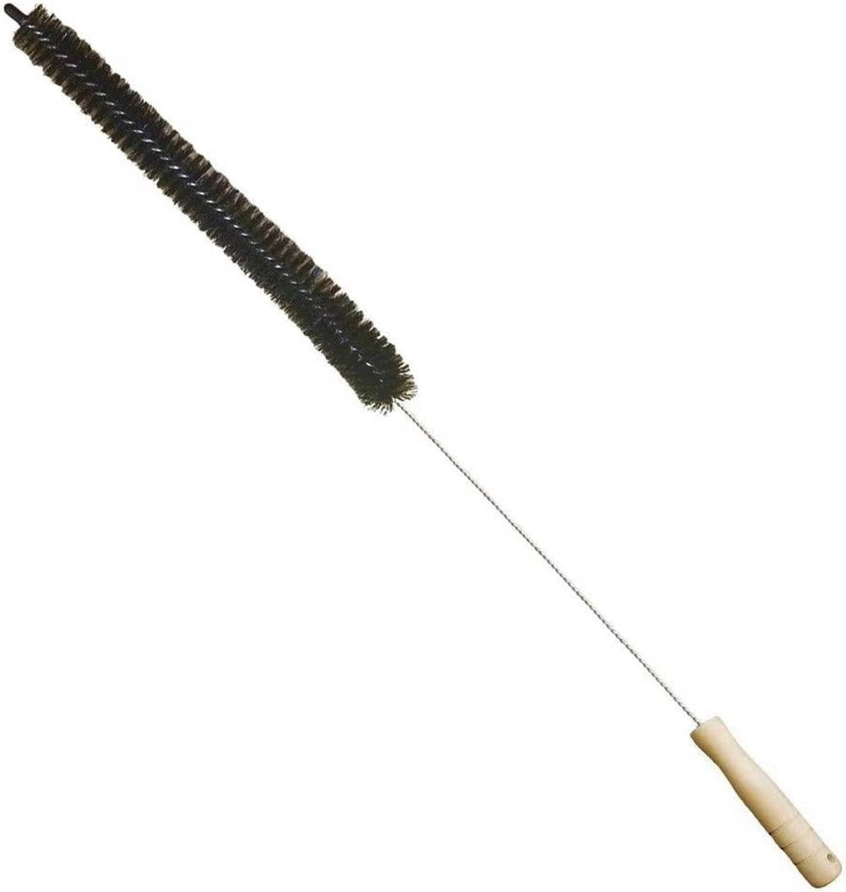 Flexible dryer vent lint brush with black bristles and beige handle