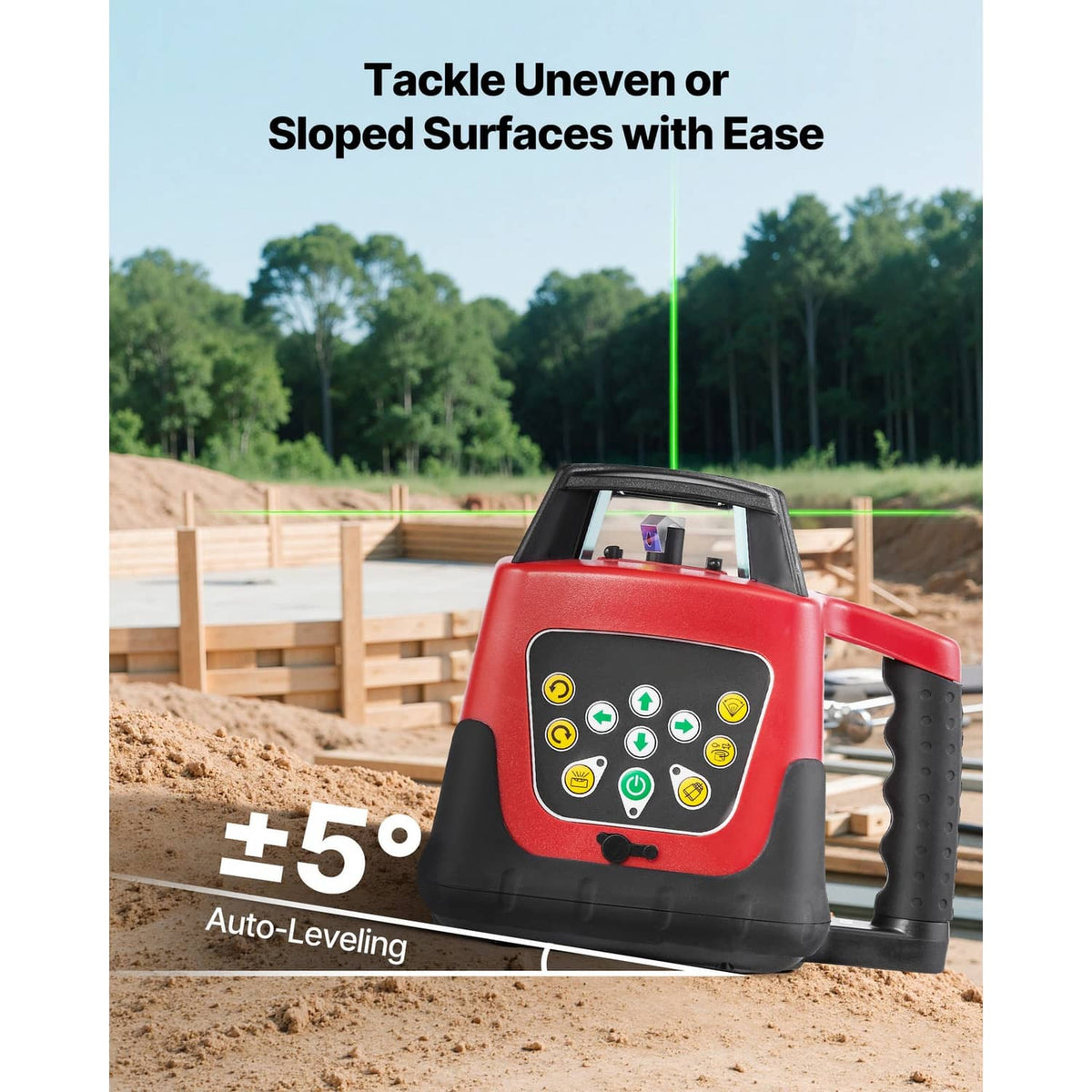 Red self-leveling laser level with keypad, projecting green line outdoors