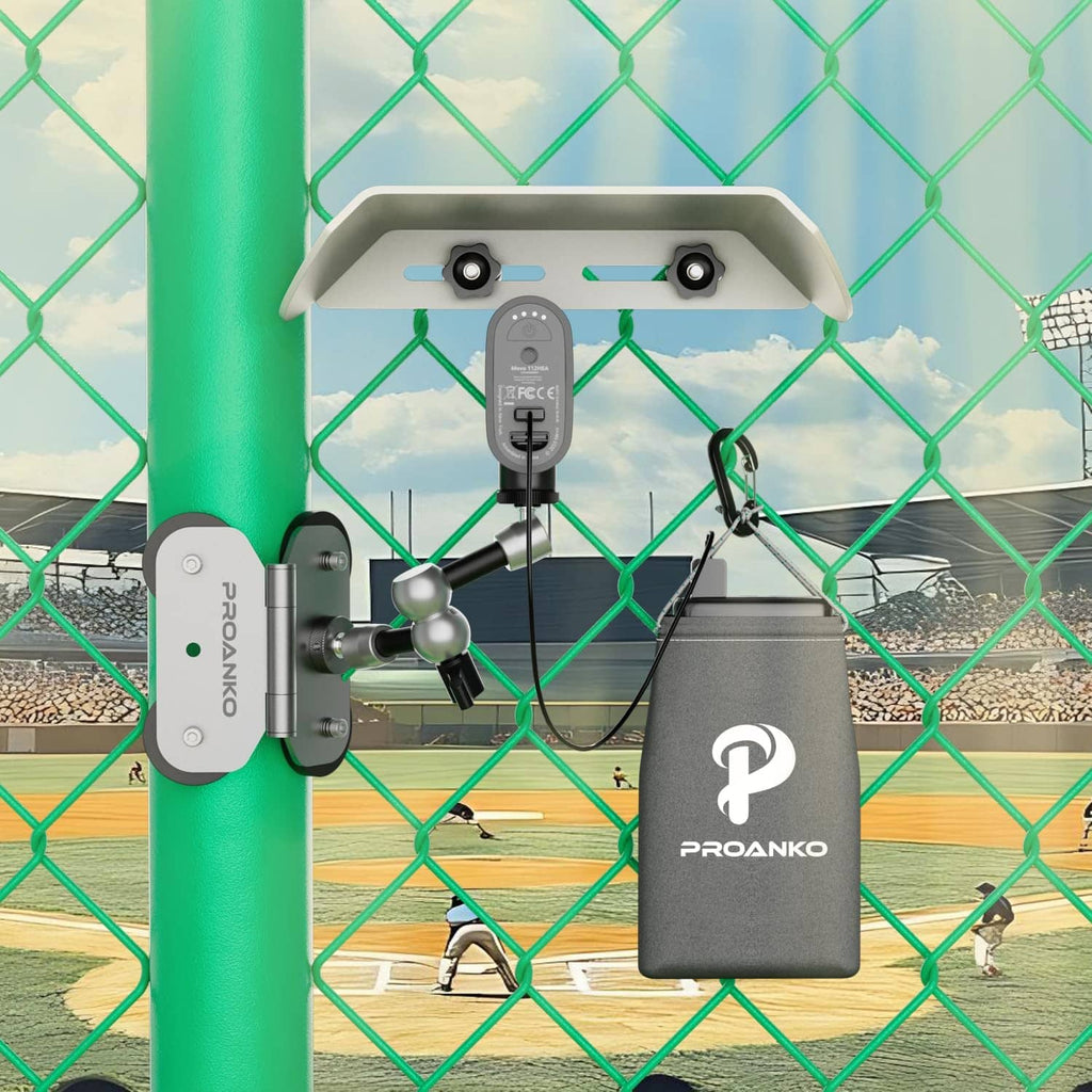Magnetic phone fence mount with shade on fence post, phone screen and power pouch visible