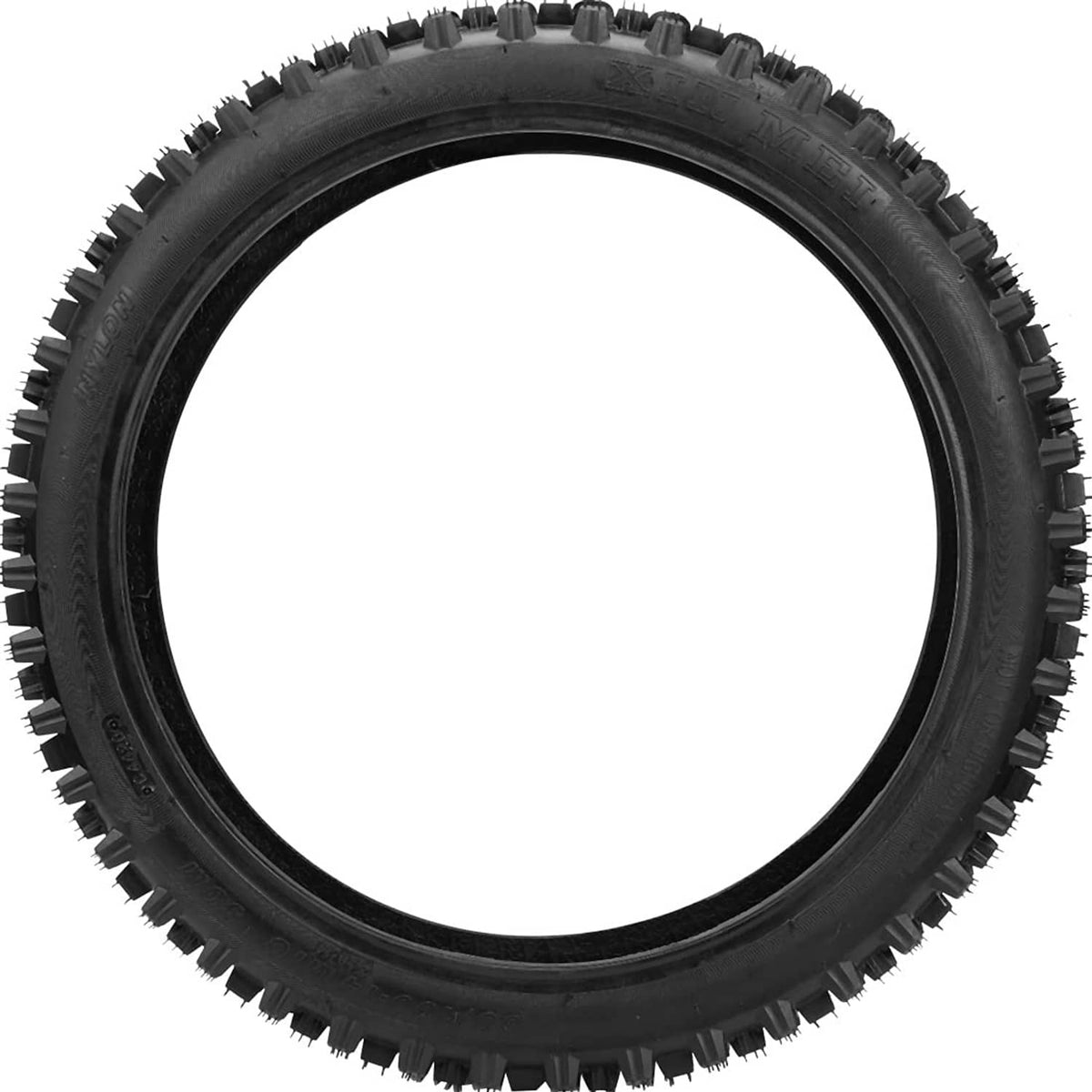 Knobby front tire, black rubber with raised tread blocks around the edge.