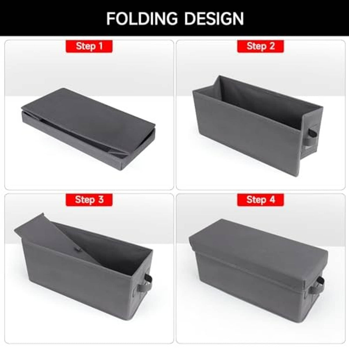 Gray folding CD storage case shown in step-by-step assembled and flat views