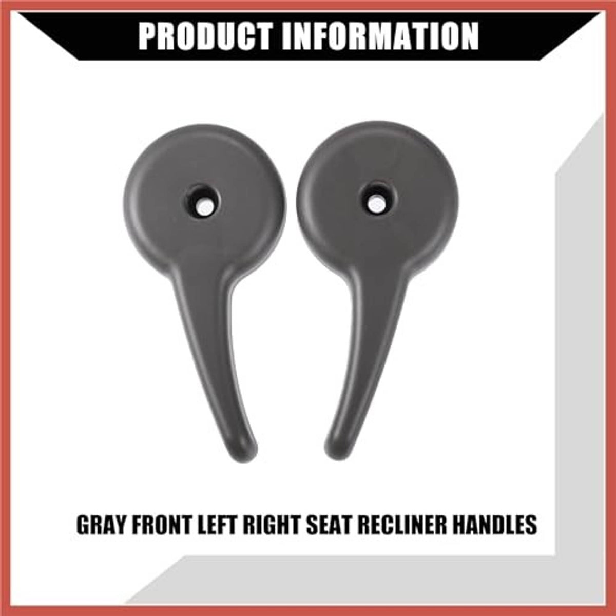 Gray front seat recliner handle levers, two pieces with round mounting holes.
