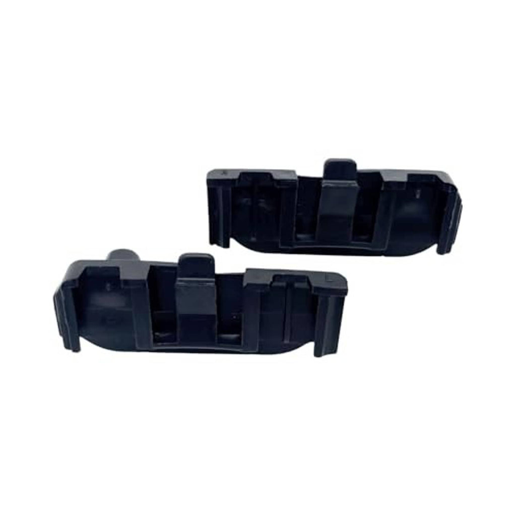 Pair of dark plastic radiator support brackets with inner tabs and latch openings