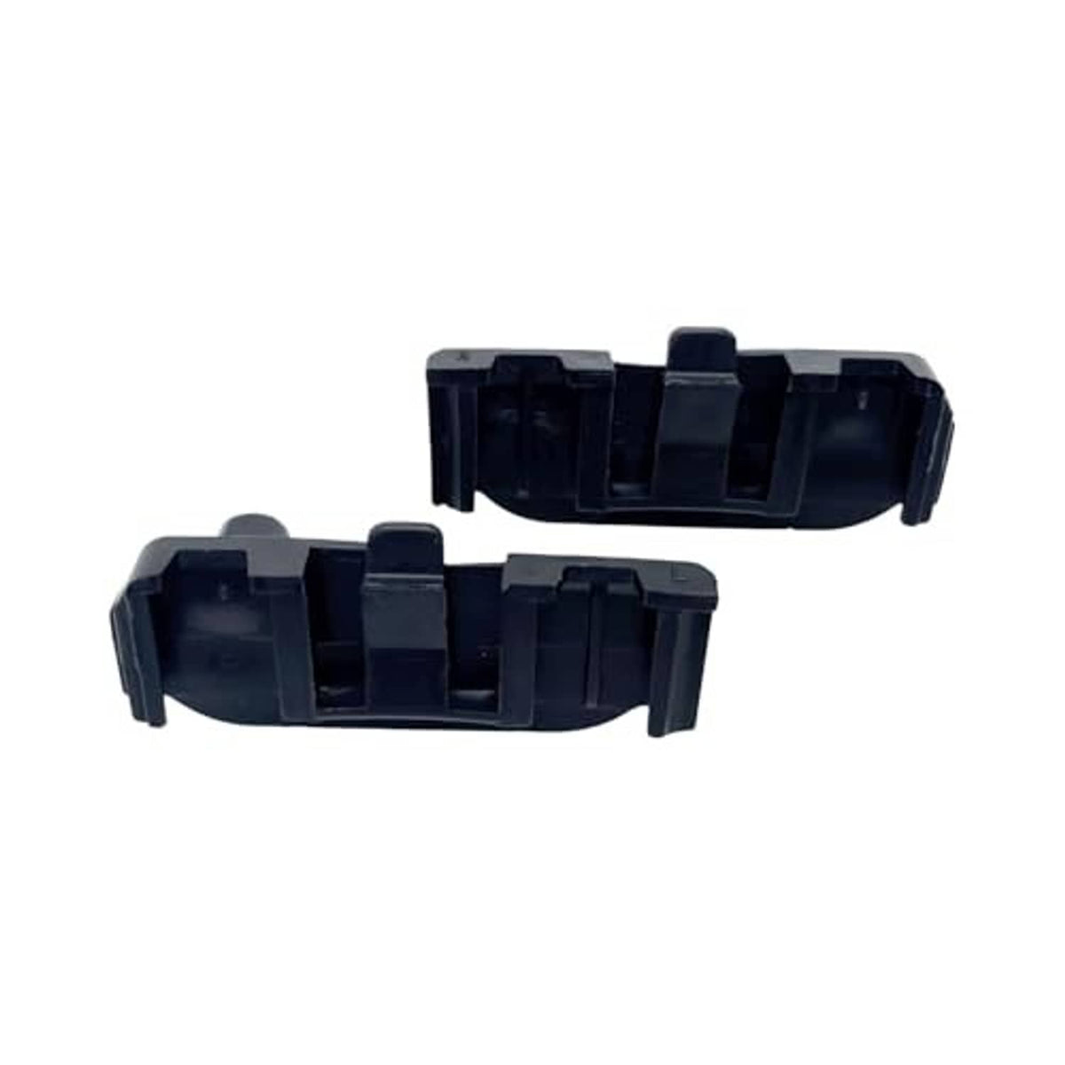 Pair of dark plastic radiator support brackets with inner tabs and latch openings