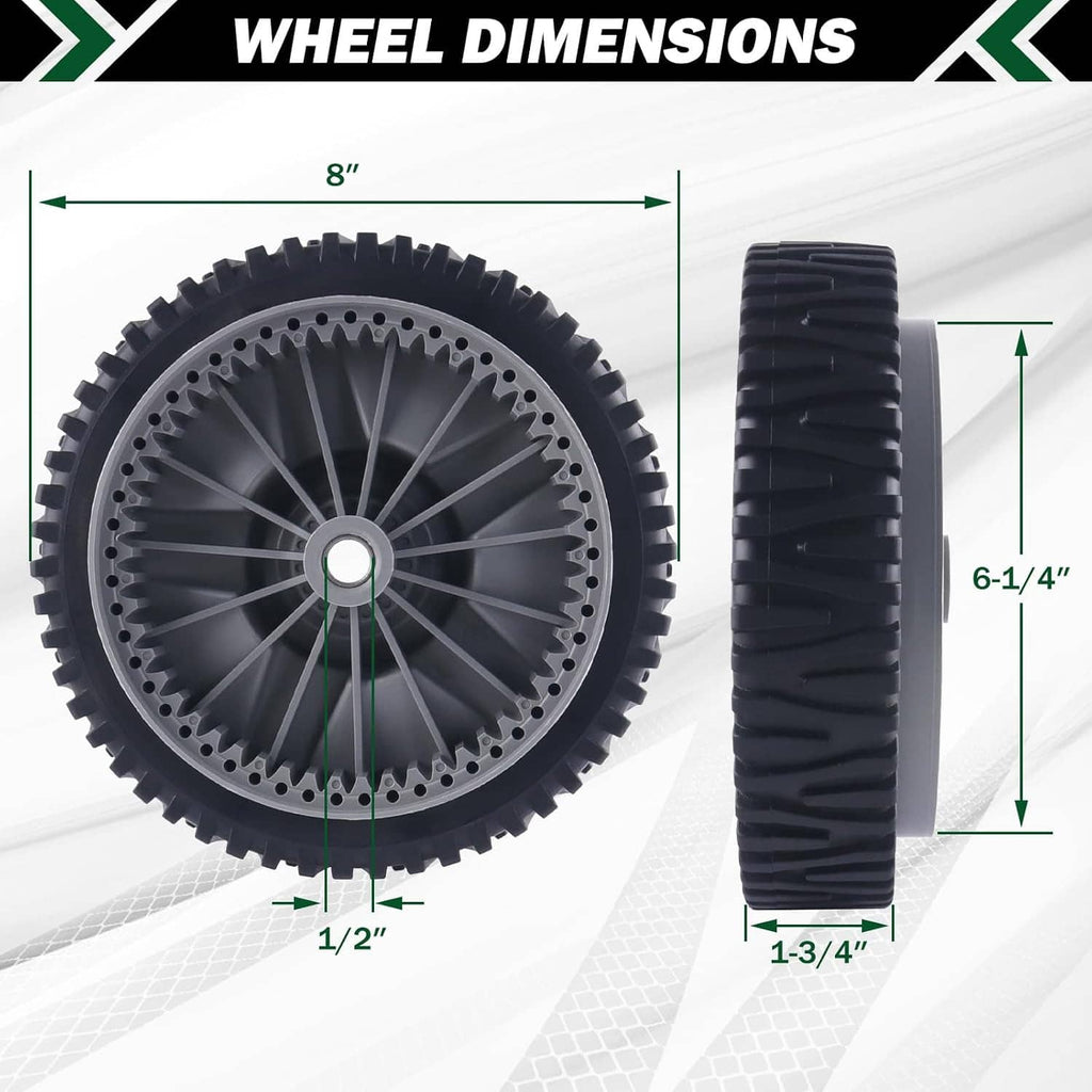 8 in push mower drive wheel with gray hub and black rubber tire, side view