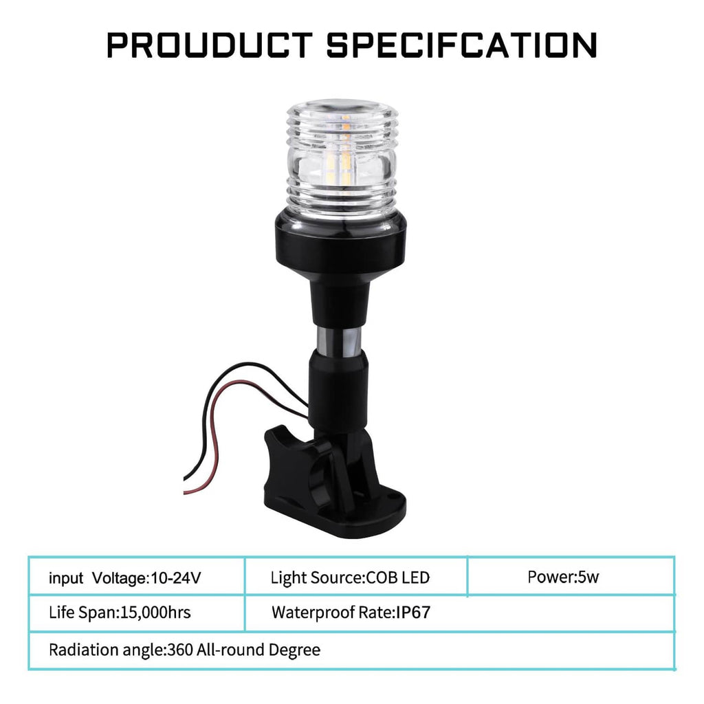 Boat stern LED light on black base with red and black wire leads