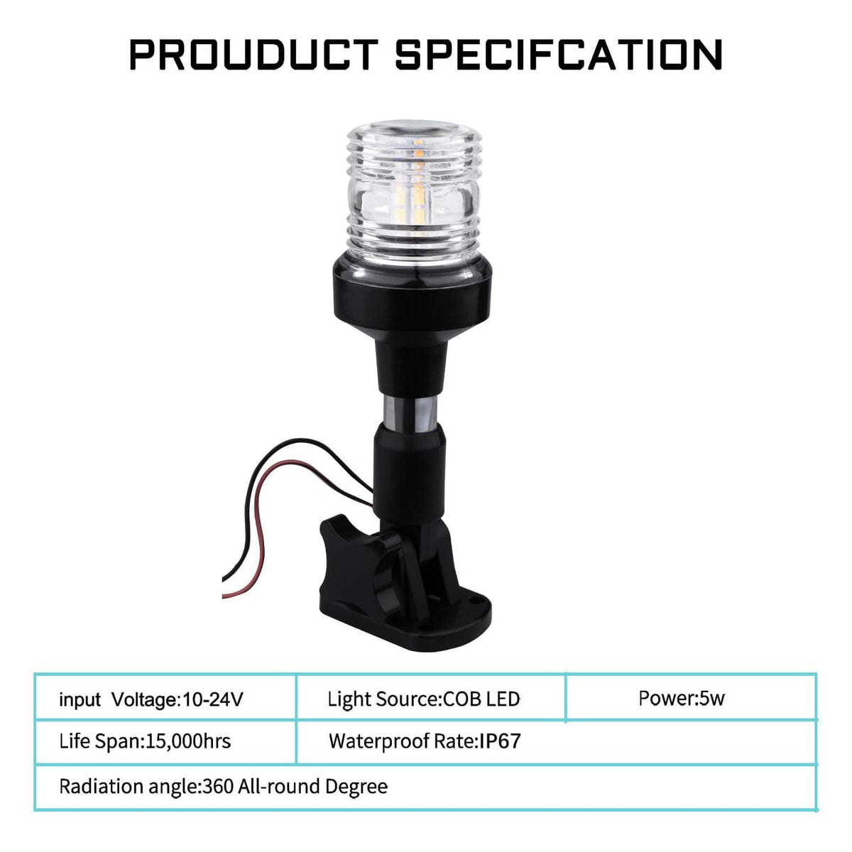 Boat stern LED light on black base with red and black wire leads