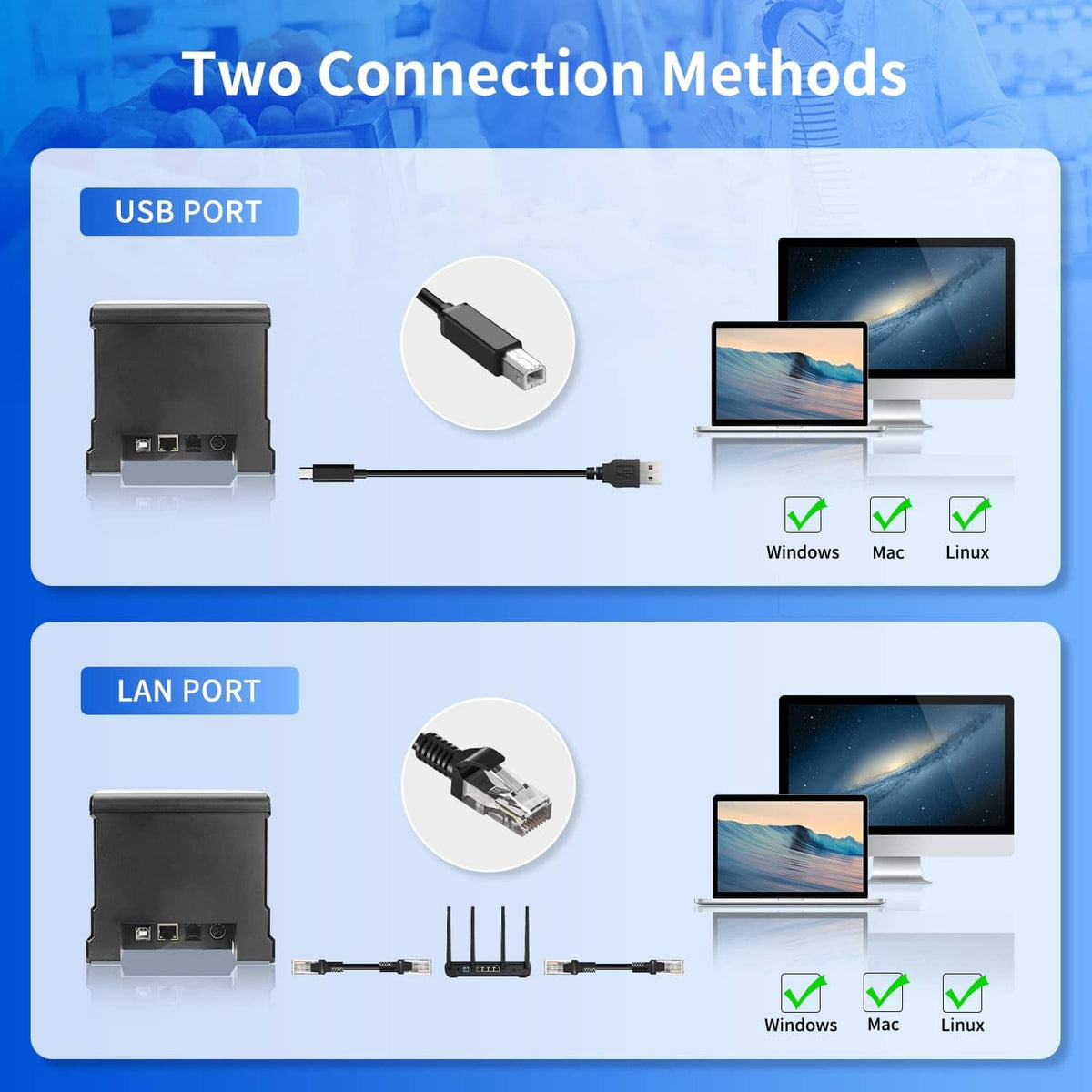 NetumScan black thermal receipt printer with USB and LAN connection methods