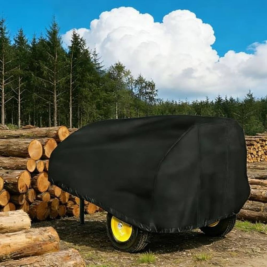 Black waterproof log splitter cover with fitted hood and front tires