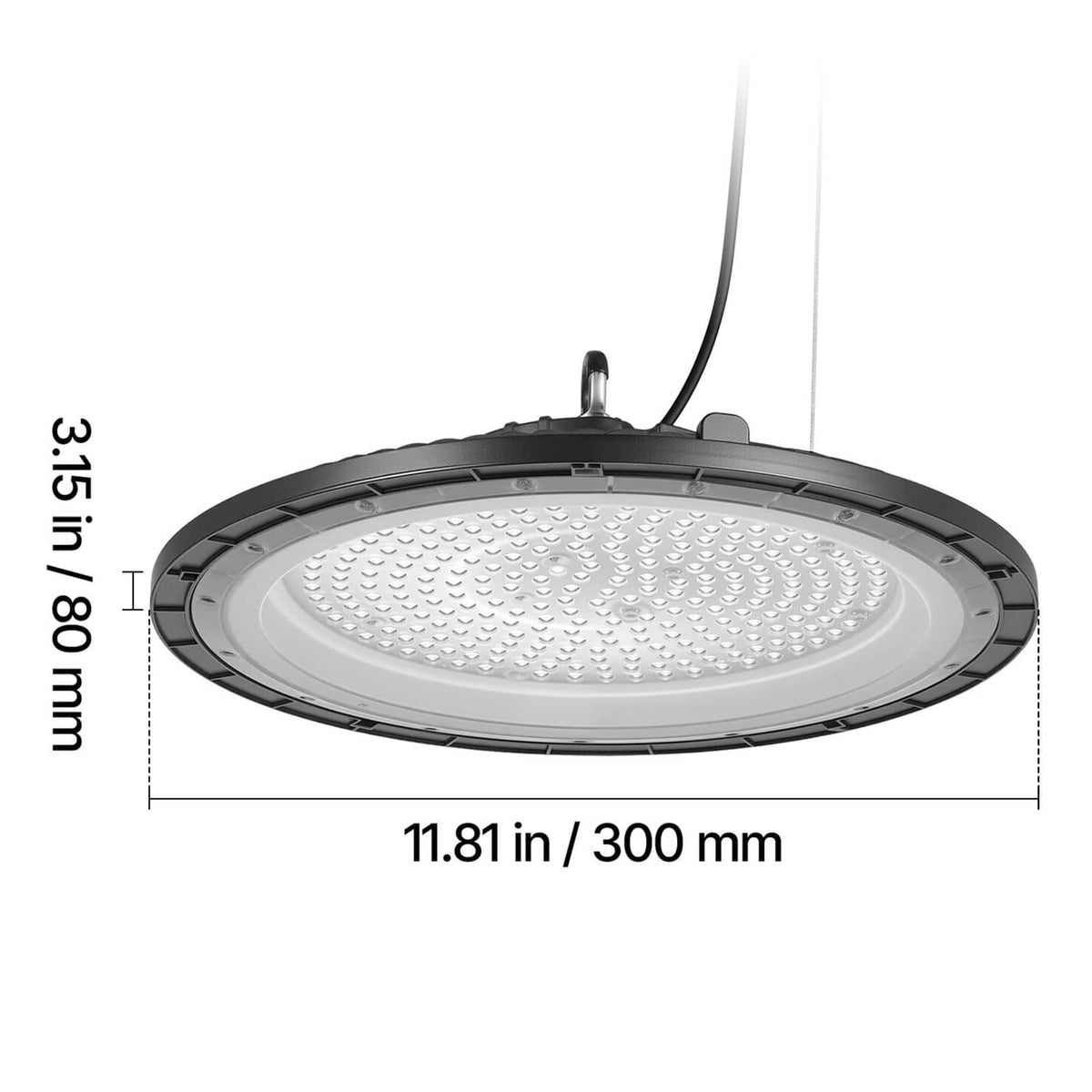 LED high bay light with round 300 mm housing, shown in side-profile dimensions