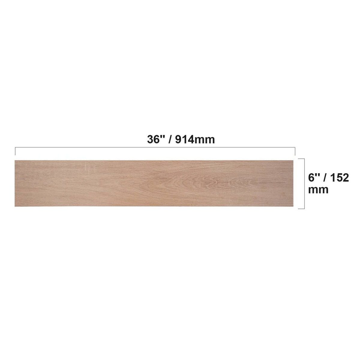 Natural wood-grain vinyl floor tile plank with labeled length and width dimensions