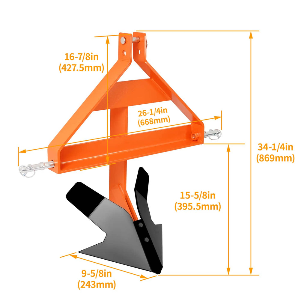Orange steel middle buster quick hitch with black ground blade; includes key measurements
