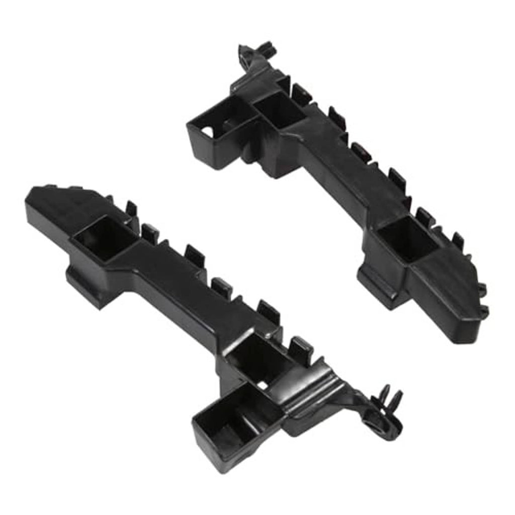 Two black front bumper brackets with mounting holes and stud clips