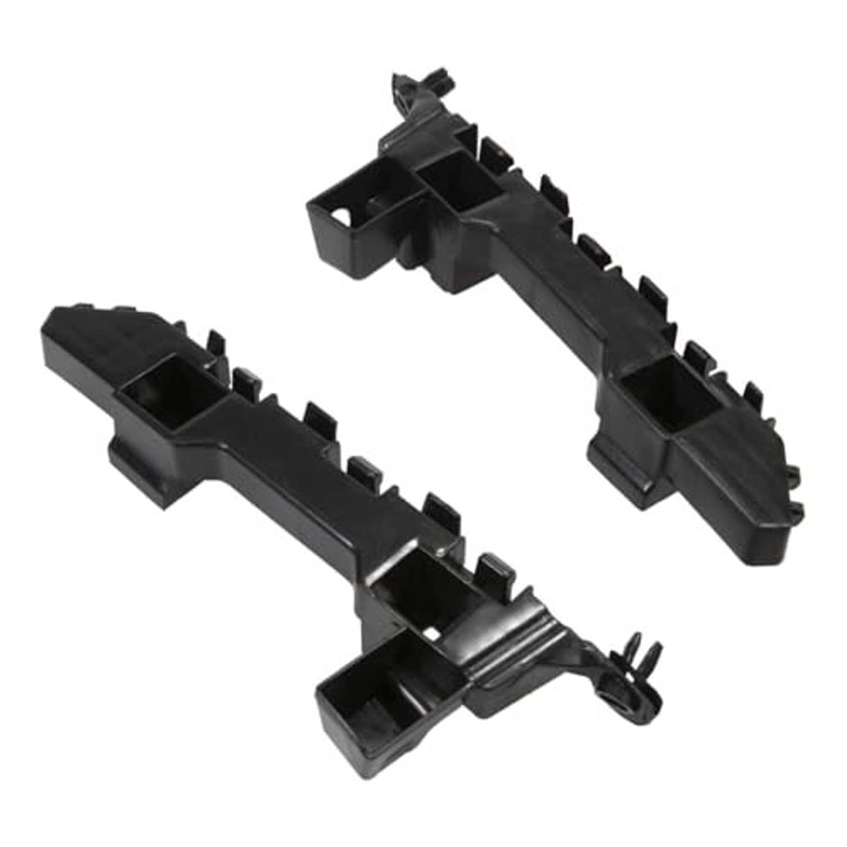 Two black front bumper brackets with mounting holes and stud clips