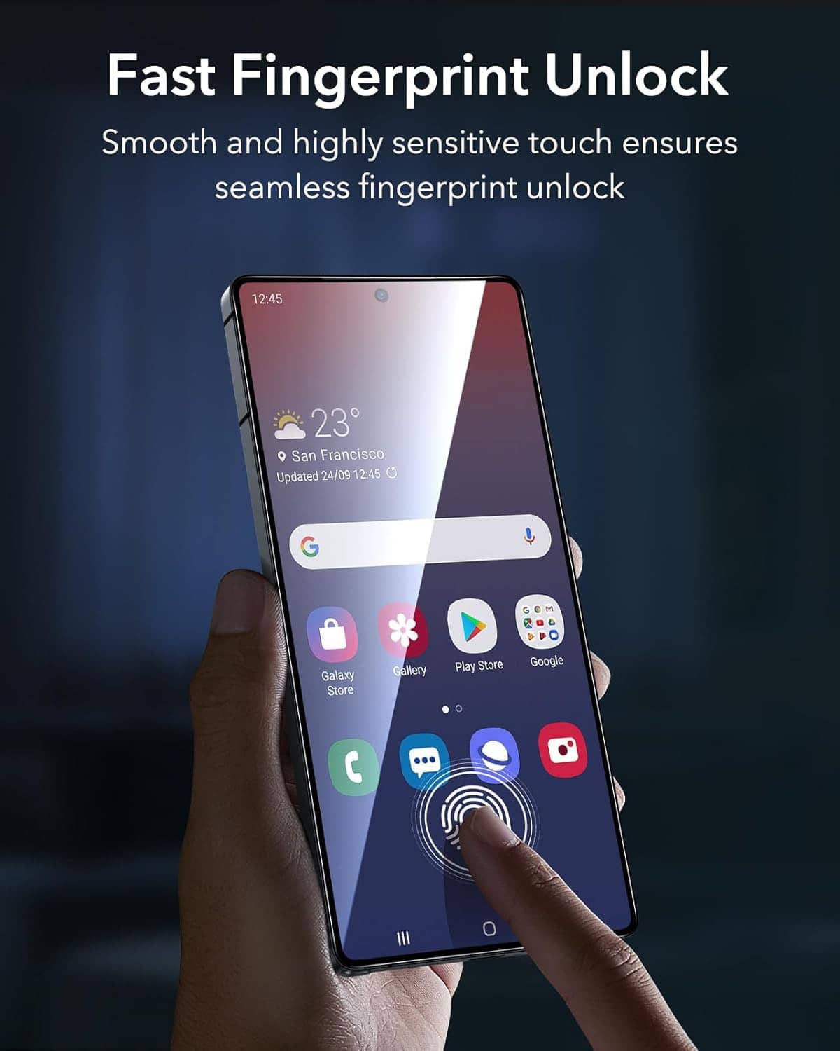 Hand applying a fingerprint-unlock privacy screen protector to a smartphone