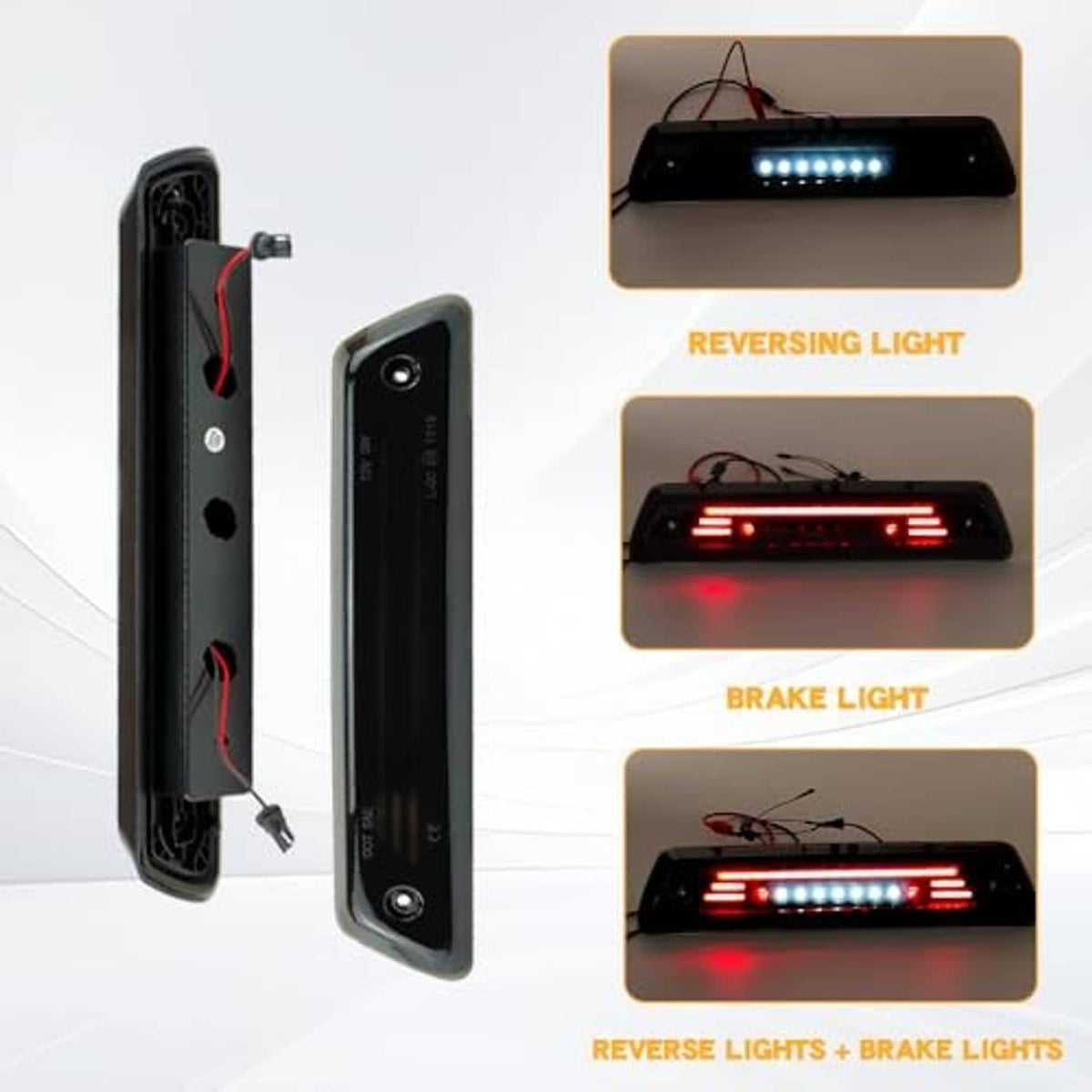 LED third brake light module set with black housing, wiring, and LED light panels