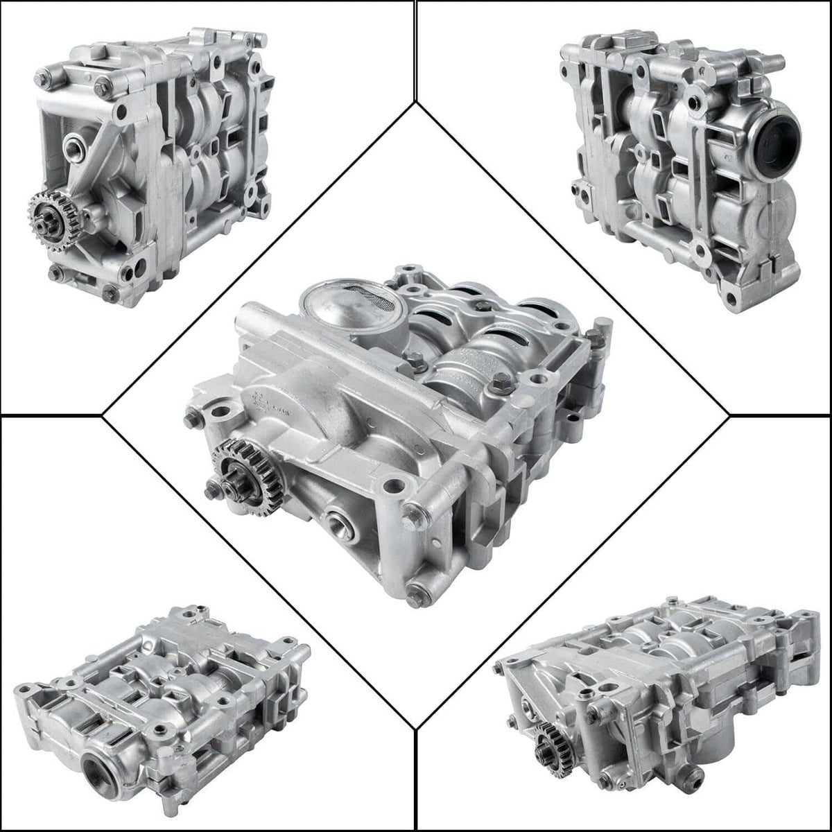 Aluminum oil pump shown from multiple angles with ports, shaft, and gear end