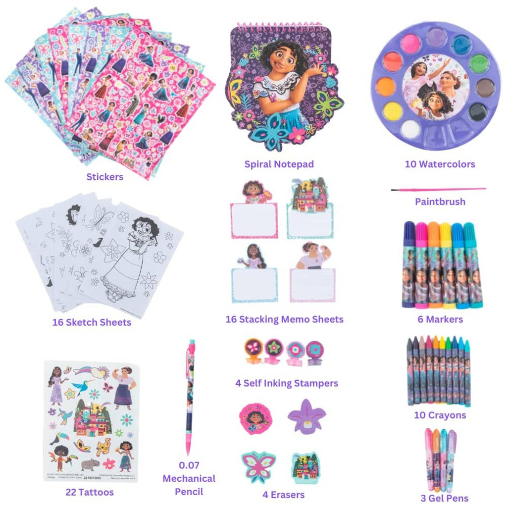 Encanto art set contents: sticker sheets, spiral notepad, watercolor palette, markers and crayons