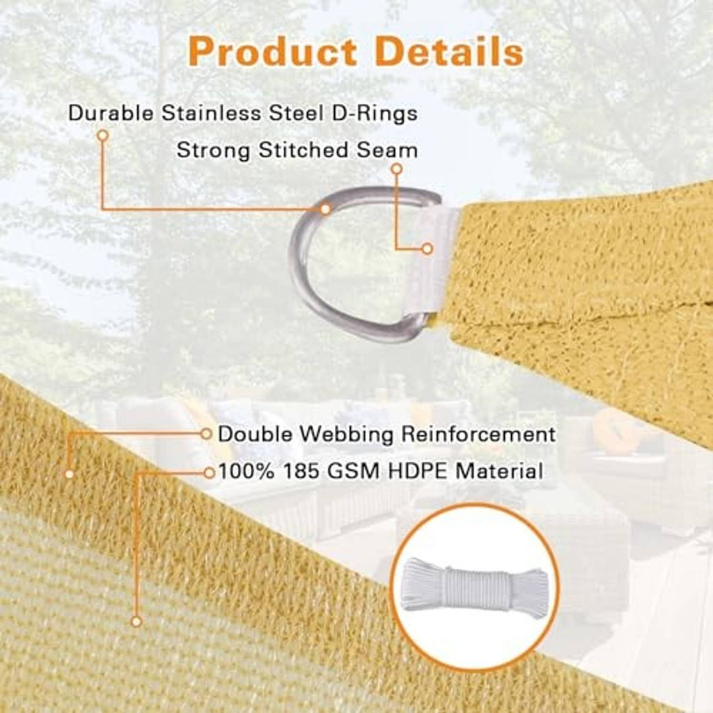 Sand beige sun shade sail detail showing reinforced stitched seam and D-ring attachment.