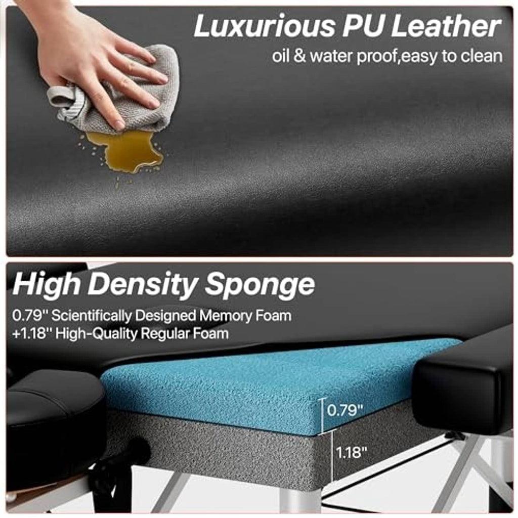 Close-up of black PU leather massage table cover with blue memory foam layer detail