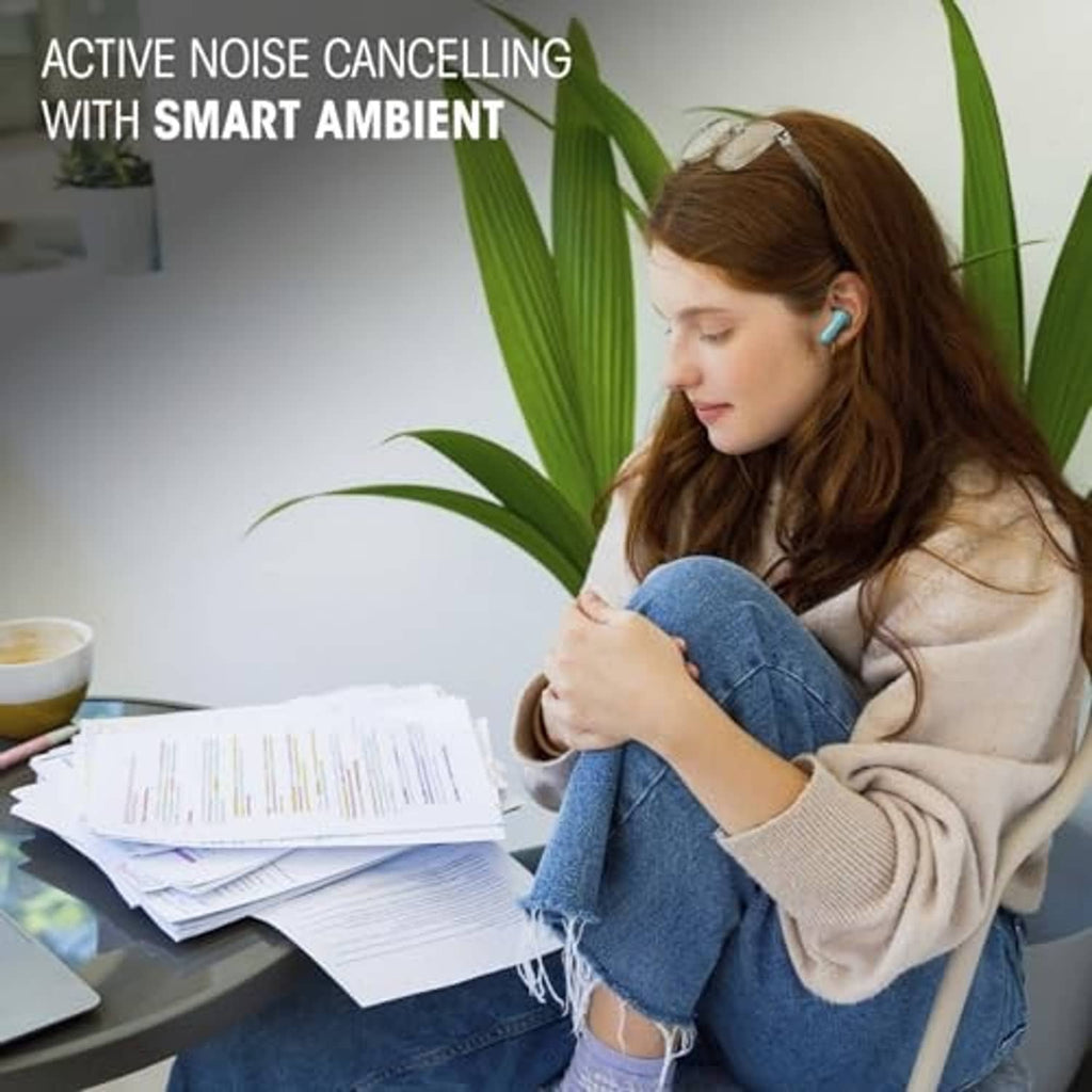 Woman wearing black true wireless noise-cancelling earbuds, close-up