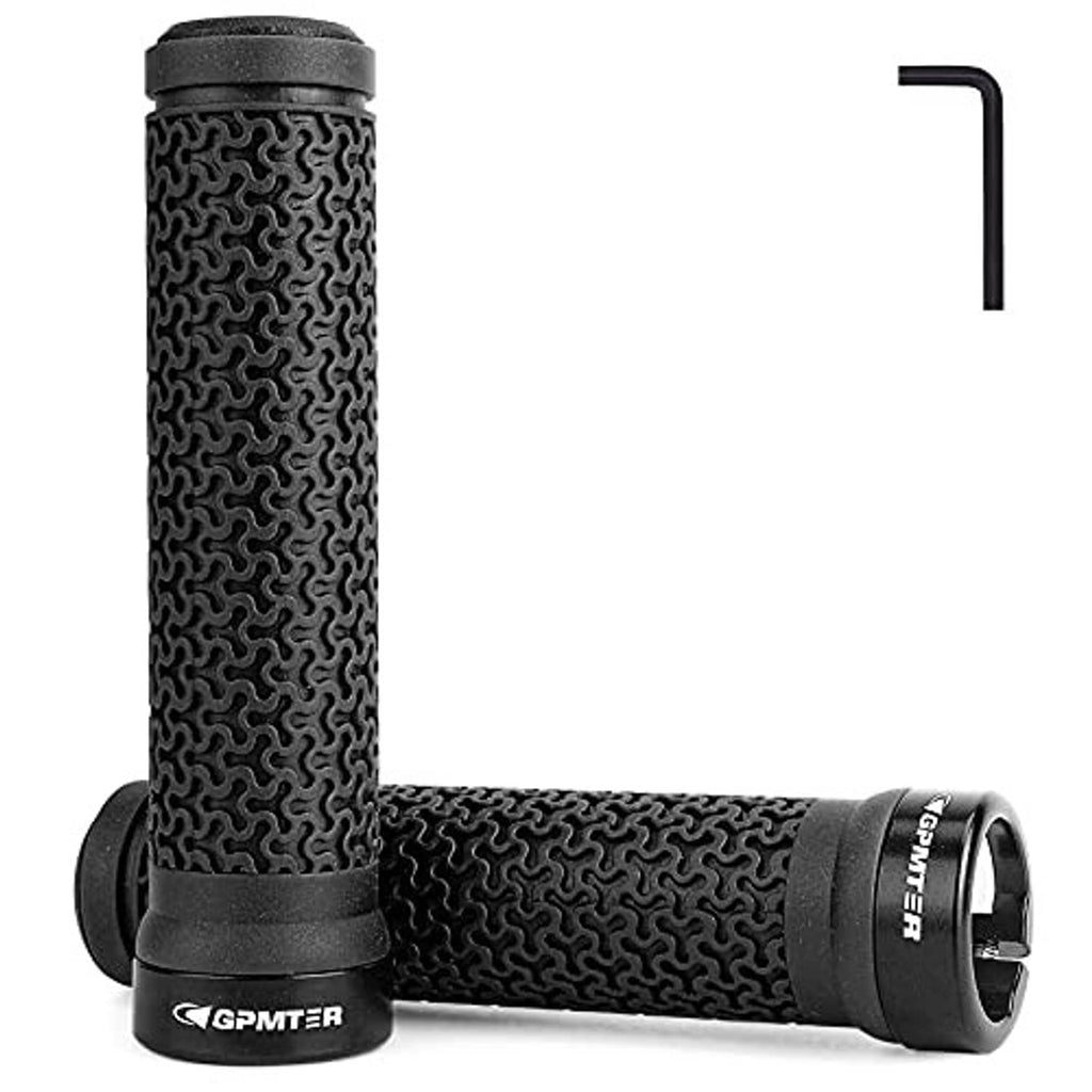 Pair of black textured bicycle handlebar grips with single lock ring on ends