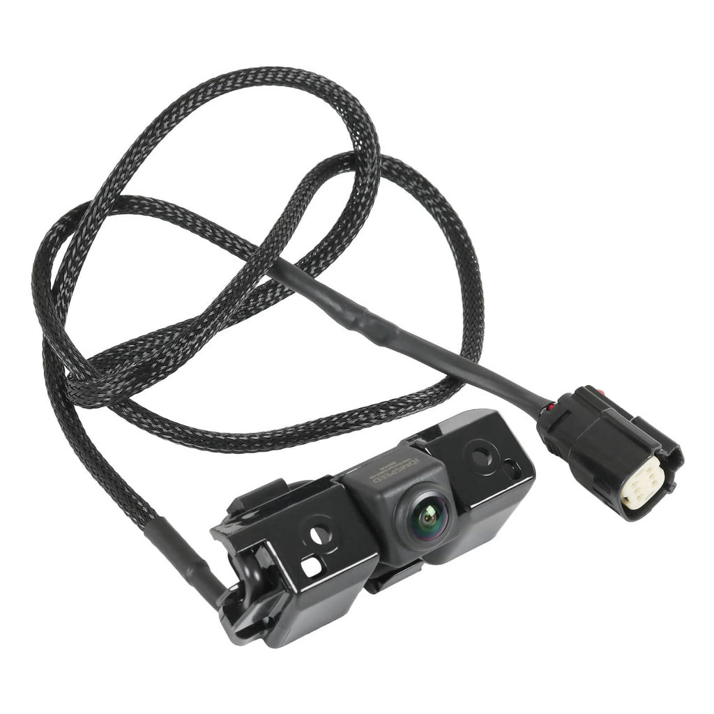 Backup parking camera assembly with black mounting bracket and wiring harness