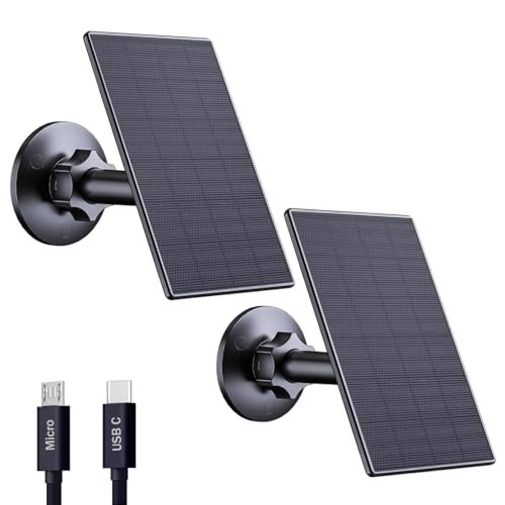 Two black solar panels with circular wall mounts and Micro USB cables