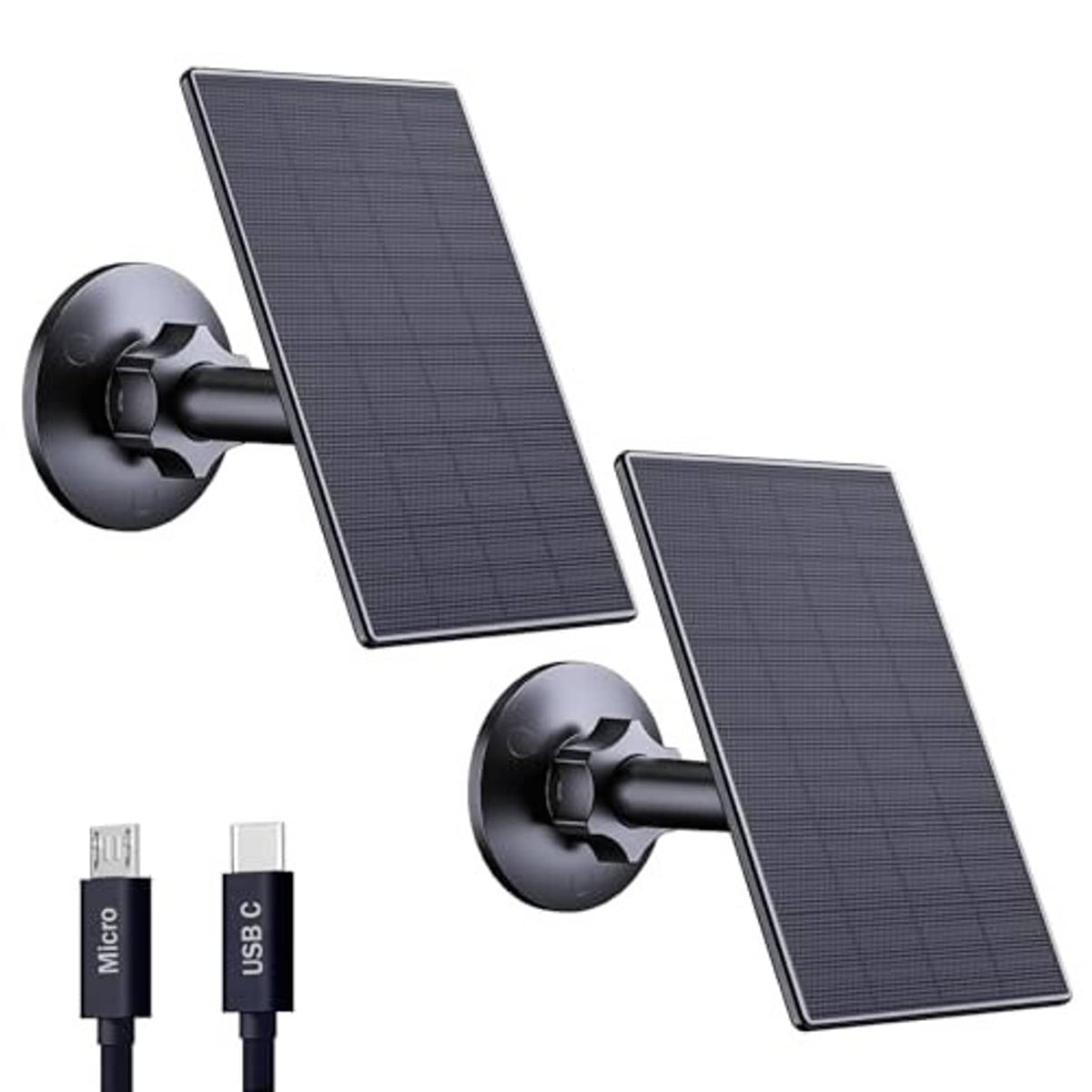 Two black solar panels with circular wall mounts and Micro USB cables
