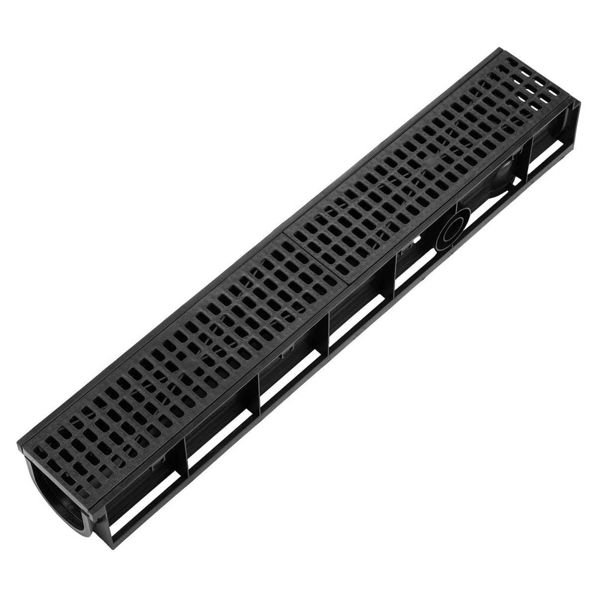 Black HDPE linear drainage channel with perforated grate and end outlet, 6-pack