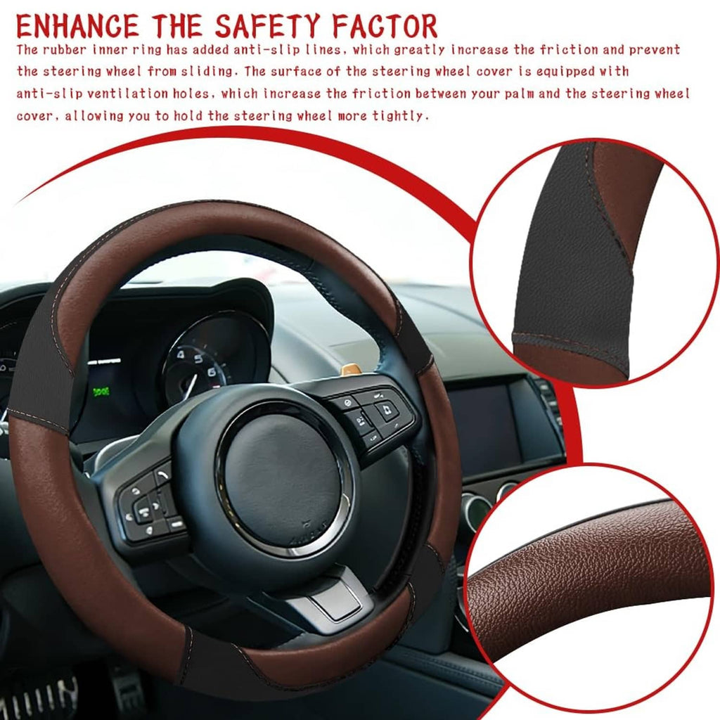 Steering wheel cover with brown grip and dark textured side panels, close-up of stitched seam