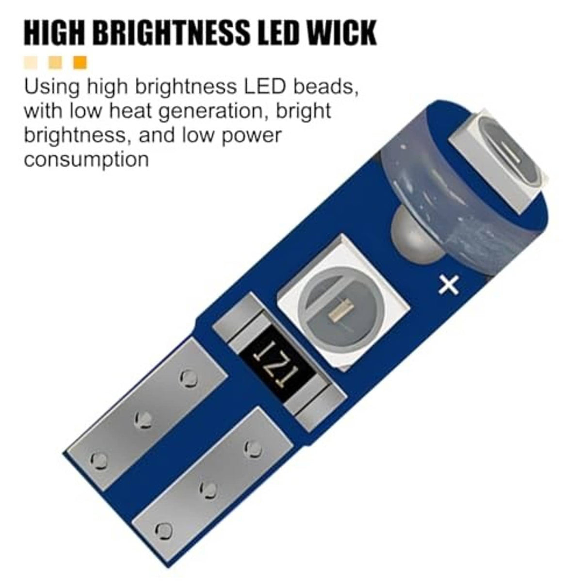 Blue T5 LED wedge bulb with metal LED chip window and plus/minus contacts