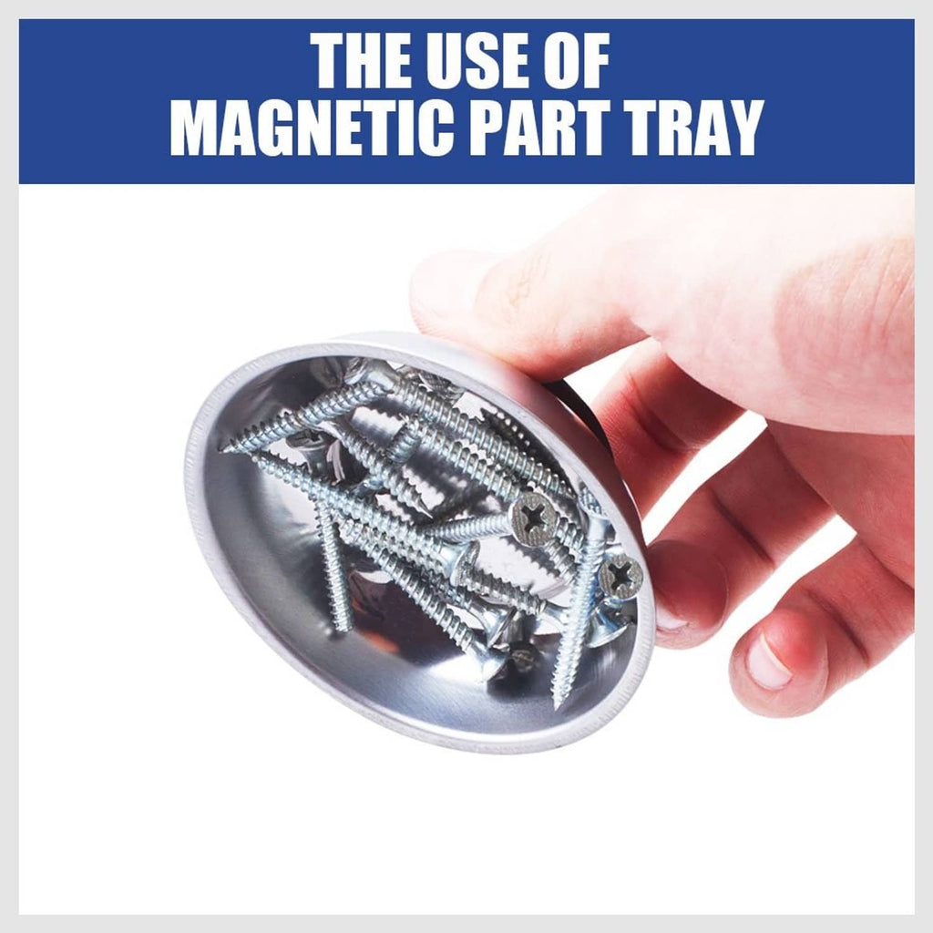 Hand placing screws into a round stainless-steel magnetic parts tray