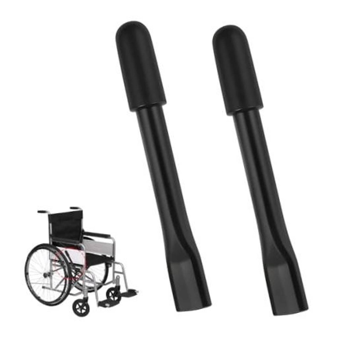 Pair of black wheelchair brake extender rods with curved ends