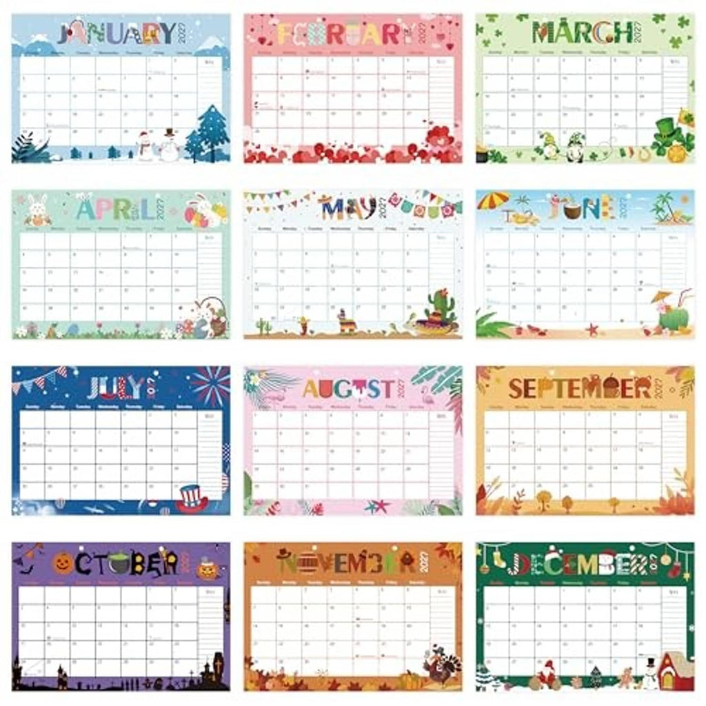 Colorful 19-month calendar pages set showing monthly date grids from January to December