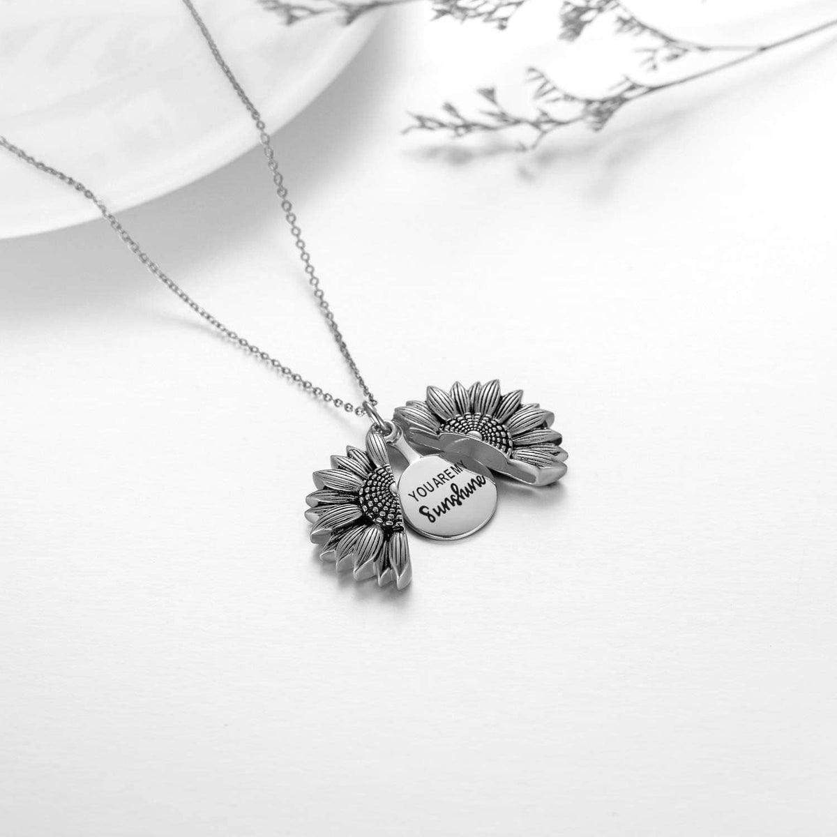 Sterling silver sunflower locket pendant necklace with engraved "You Are My Sunshine"