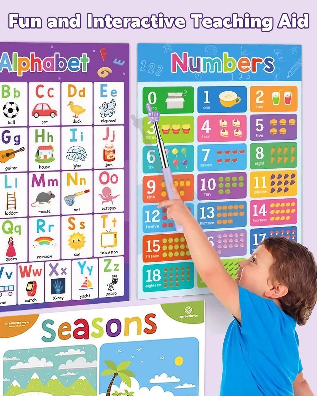 Retractable classroom pointer held toward alphabet and numbers chart