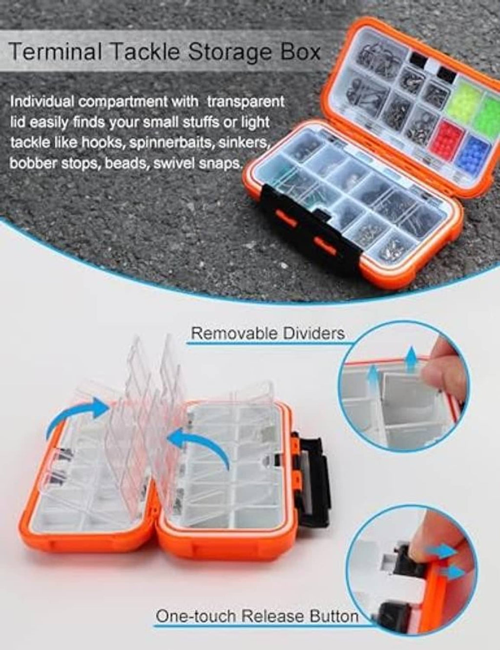 Orange terminal tackle storage box with clear compartments and removable dividers