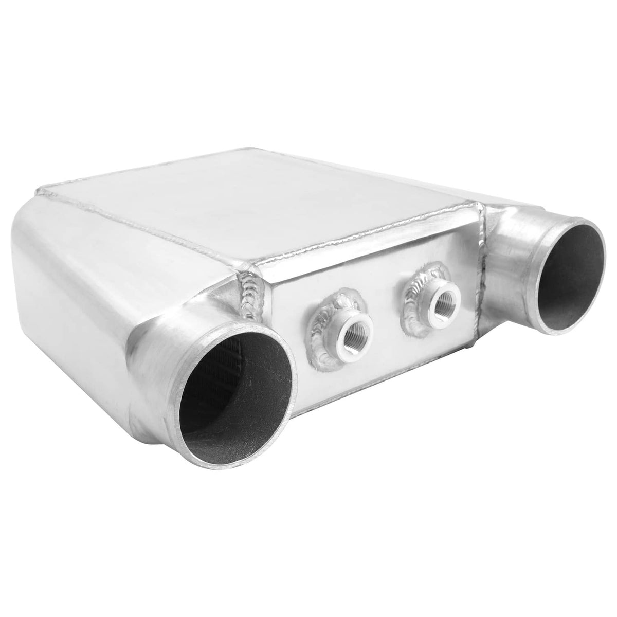 Aluminum water intercooler with dual side tube openings and top weld seams.