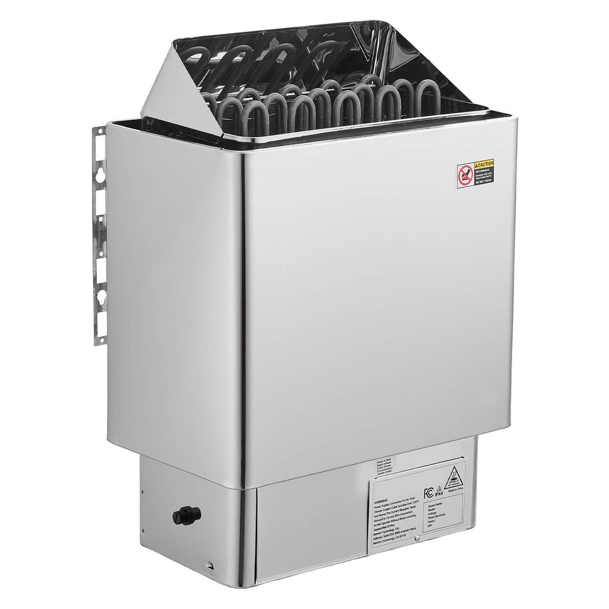 Stainless steel electric sauna heater front view with black grate and open stone area