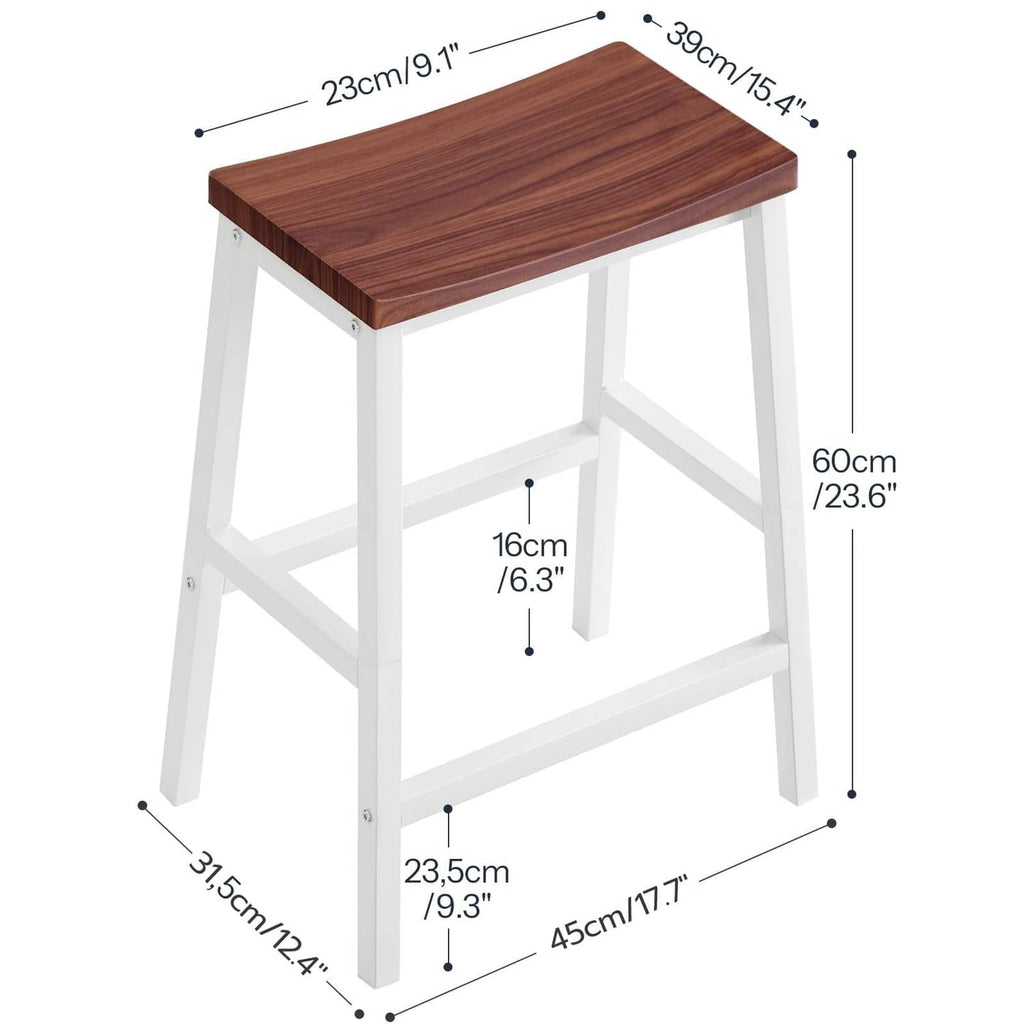 Walnut-top bar stool with white frame and lower footrest, size diagram
