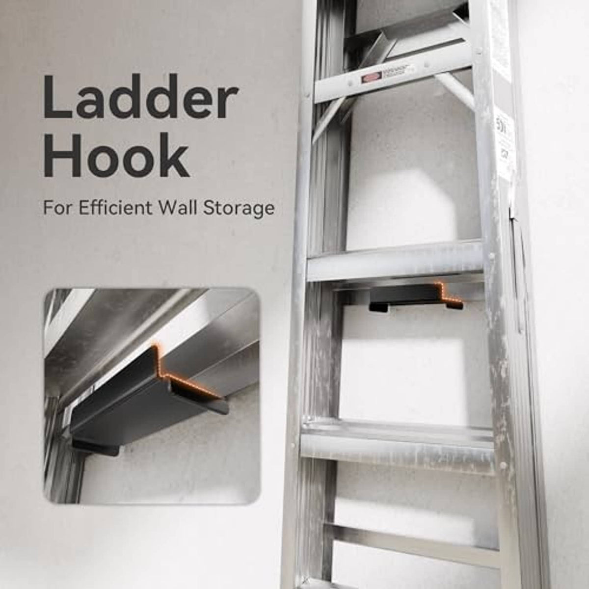 Black ladder wall hook bracket attached near ladder rungs, heavy-duty metal