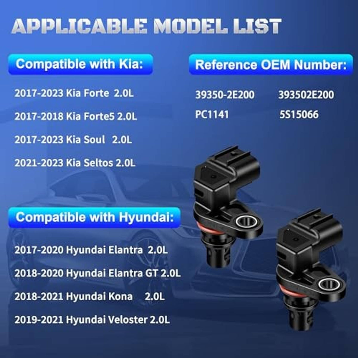 Two black camshaft position sensors with red seal ring and side connector housings